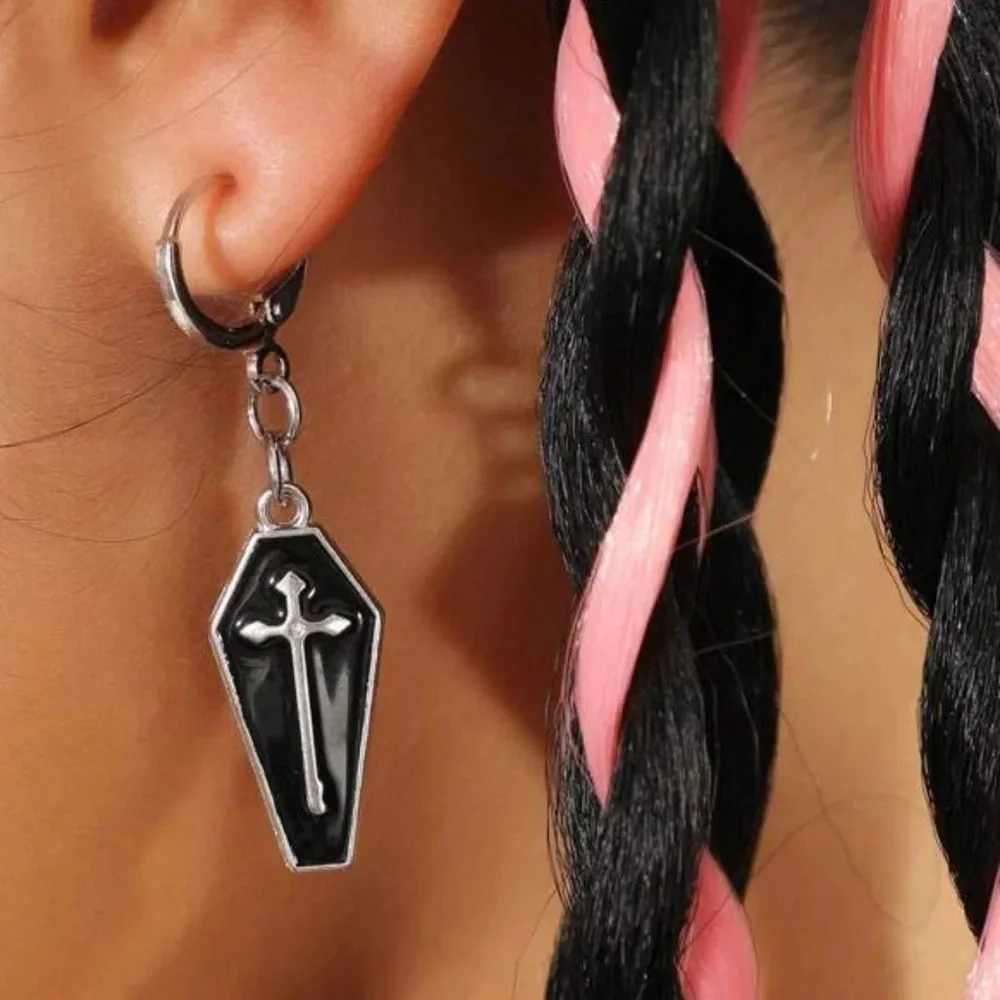 2/$30🌵 Coffin Cross Earrings Mini Hoop Huggies Gothic Dangle Jewelry Death NEW